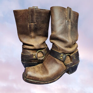 Chocolate Brown Leather Frye Square Toe Harness Campus Cowgirl Boot Sz 7.5